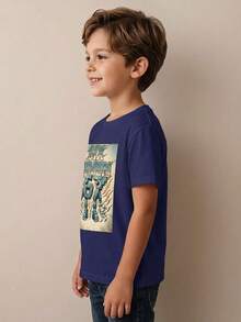 Playera para niño estilo urbano con estampado de cómic algodón suave corte holgado manga corta verano uso escolar y al aire libre playera - Cyan - Ver 2