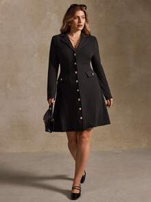 Elegantrix Women's Elegant Commuter Brown Lapel Waist Slim Button Decoration A-Line Back Bow Tie Long Sleeve Dress, Elegant Women's Long Sleeve Dress, Elegant And Chic, Office Outfits For Women, Autumn And Winter Tight Maxi Dress - Black - View 3