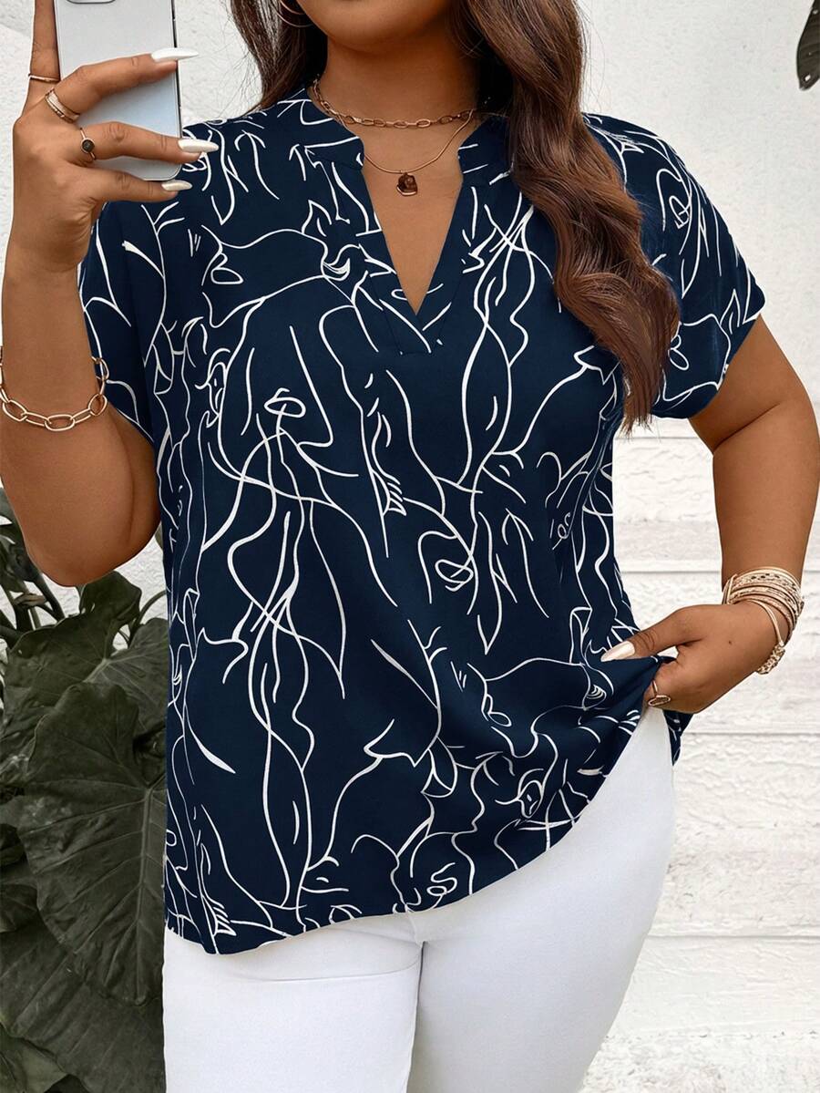 SHEIN LUNE 大码女士休闲短袖衬衫，简约时尚，适合春夏度假穿着。 - 藏蓝色 - 查看 1