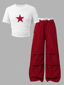 SHEIN 2pcs/Set Tween GirlsAmerican Style Graphic T-Shirt And Cargo Pants Set, Fashion Versatile, Suitable For Spring/Summer, School, Casual, Vacation - Red - View 8