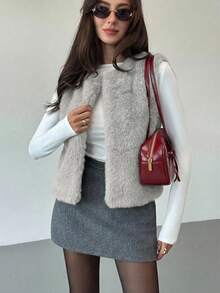 Aloruh 无袖基础款外套，秋冬季优雅时尚仿皮草大衣 - 灰色 - 查看 7