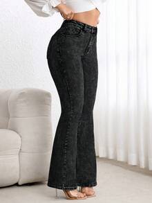 SHEIN ICON 女士休闲百搭黑色喇叭牛仔裤，带口袋 - 黑色 - 查看 4