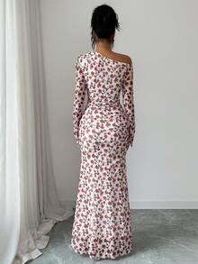 SHEIN Raffinéa 女士优雅玫瑰印花褶皱网纱花卉不对称领高开衩连衣裙，秋季服装 - 白色 - 查看 2