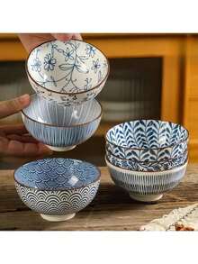 4 件/6 件日式釉下彩陶瓷饭碗、4.5 英寸汤碗、中国风陶瓷碗、沙拉碗、学校用品 - 彩色 - 查看 14