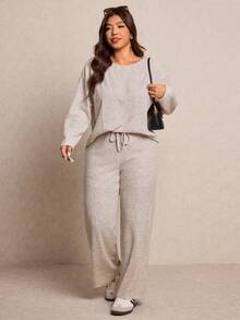 Elaquor Plus Size Women Solid Color Round Neck Long Sleeve T-Shirt And Pants Casual 2-Piece Set For Spring, Spring Outfits For Women - Khaki - View 5