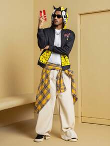 SHEIN Felix The Cat Men's Colorblock Letter & Cartoon Graphic Zip-Up Hoodie - Black - View 4