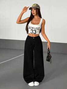 SHEIN PETITE Casual Versatile Solid Color Wide Leg Jeans - Black - View 4