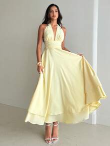 Aloruh 女士性感优雅V领露背系带连衣裙，A字裙摆，浅黄色，适合度假和约会 - 淡黃色 - 查看 5