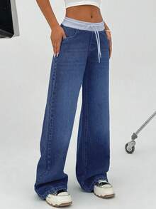 EURMUSE 女士短裙年轻低腰阔腿宽松牛仔裤 - 淺灰色 - 查看 5