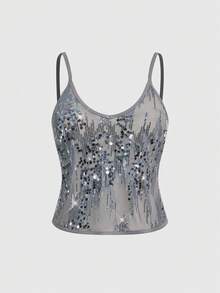 ROMWE Grunge Punk Sexy Shiny Mesh Camisole For Women - Silver - View 1