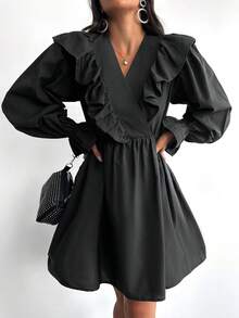EURMUSE Ruffle Trim Flare Sleeve Dress - Black - View 5