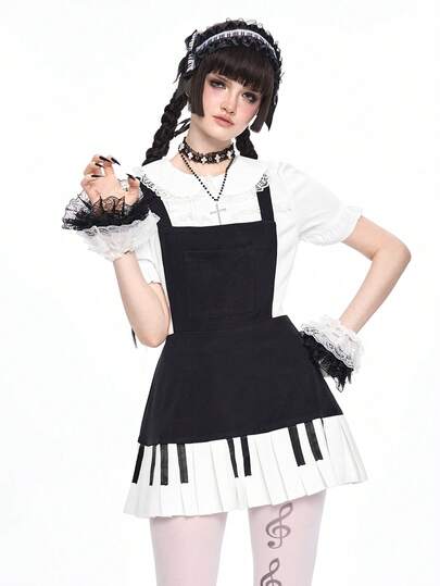 Kawaii Women's Cute Musical Note & Piano Key Embroidered Strap Mini Dress