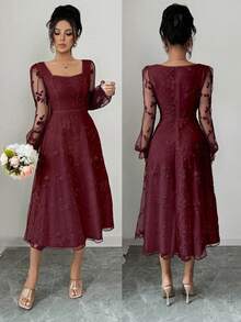 Rafferiza Petite 女士优雅刺绣网纱拼接心形领口收腰连衣裙 - 酒紅色 - 查看 3