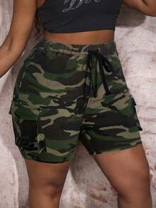 Slaydiva 大码高腰紧身性感工装牛仔短裤 - 軍綠色 - 查看 4