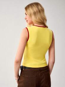 TOM & JERRY X SHEIN Damski, swobodny, codzienny top do pracy, zabawny, uroczy, z kreskówkowym nadrukiem w kształcie litery baseballowej, kontrastowym wiązaniem, dopasowany, krótki top, letni - Żółty - Zobacz 2