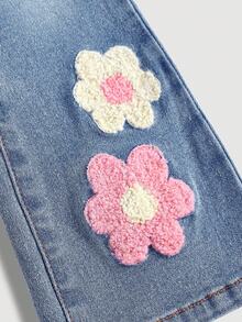 Young Girl' Pink Floral Embroidered Retro Blue Denim Elastic Skinny Flare Pants - Blue - View 4