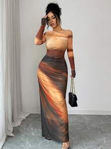 Rafferiza Elegant Tie-Dye Pleated Mesh Asymmetric Collar Pleated Fitted Dress, Women's Autumn Apparel - Multicolor - View 7