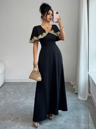 SHEIN Raffinéa Women's Sexy, Elegant, Versatile Daily Gold Floral Trim Waist Fitted Dress, Suitable For Women In Spring, Summer, Autumn