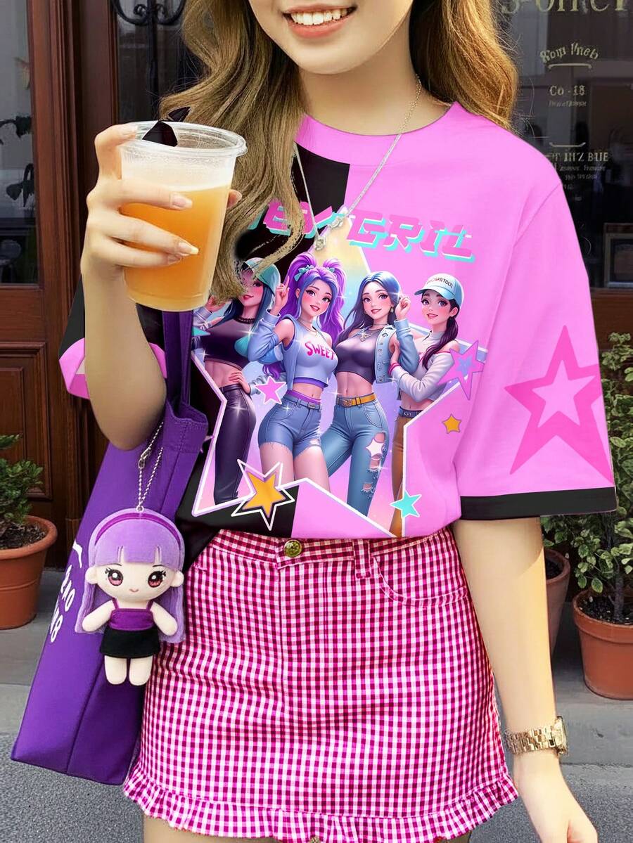 SHEIN Back To School Cartoon Young Girl Colorful Purple & Black Contrast Color Casual Minimalist Round Neck Short Sleeve T-Shirt, Suitable For Summer, Outdoor Picnic, Street Style, Home, Campus - Multicolor - View 1