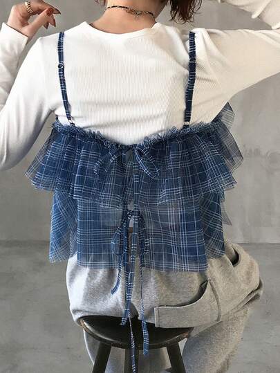 FRIFUL 网眼格纹系带层叠荷叶边宽松休闲百搭背心