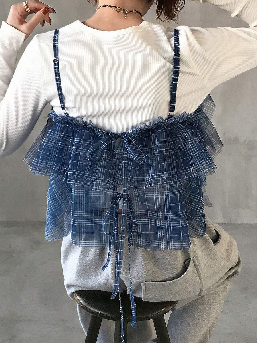 FRIFUL 网眼格纹系带层叠荷叶边宽松休闲百搭背心