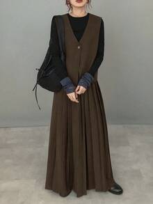 FRIFUL 女式深灰色纯色无袖上衣和百褶裙两件套，秋季 - 棕色 - 查看 3