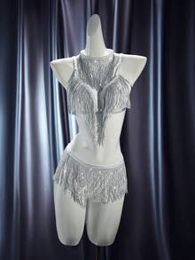 MidnightGlam 3pcs Midnight Glam Silver Tassel Crop Top, G-String & Choker Sexy Lingerie Set For Women