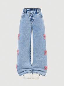Tween Girls 8Y-12Y Y2K Side Flocked Bow Flare Jeans, Cute And Playful Pink Design, Elastic Waist, Soft Denim Fabric, Suitable For City Walk, Fashion Photoshoot, Daily Outings, Amusement Park, Gatherings, New 2026 Collection - Light Wash - View 6