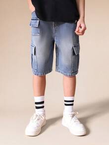 SUMWON Boys Denim Cargo Bermuda Jorts With Multiple Cargo Pockets Mid Wash Summer Casual Knee Length Shorts - Medium Wash - View 4