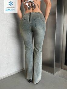 SHEIN ICON 大码女式街头时尚复古水洗喇叭牛仔裤，深蓝色 - 中等水洗藍 - 查看 2