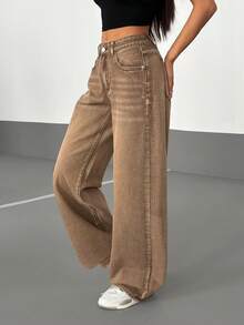 SHEIN PETITE Quần jeans nữ ống rộng cạp thấp, kiểu dáng thường ngày, đã qua xử lý giặt. - màu nâu - Xem 5
