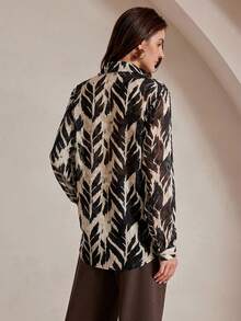 Anewsta 复古优雅树影植物叶子热带印花雪纺薄纱宽松长袖女式衬衫 - 黑色 - 查看 3