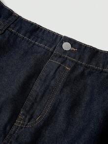 SHEIN MOD 大码女式拼接荷叶边下摆时尚牛仔迷你裙 夏季假日春季女式情人节沙滩裙 优雅派对生日裙 度假女式休闲裙 Y2K黑色女式裙子 深色水洗荷叶边牛仔迷你裙，喇叭下摆 - 深色水洗藍 - 查看 4