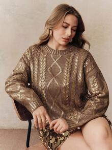 Anewsta Elegancki sweter damski w stylu vintage w dużym rozmiarze, luźny dzianinowy sweter z okrągłym dekoltem i metalicznym wzorem foliowym, lekki szary top - Kawowy brązowy - Zobacz 7