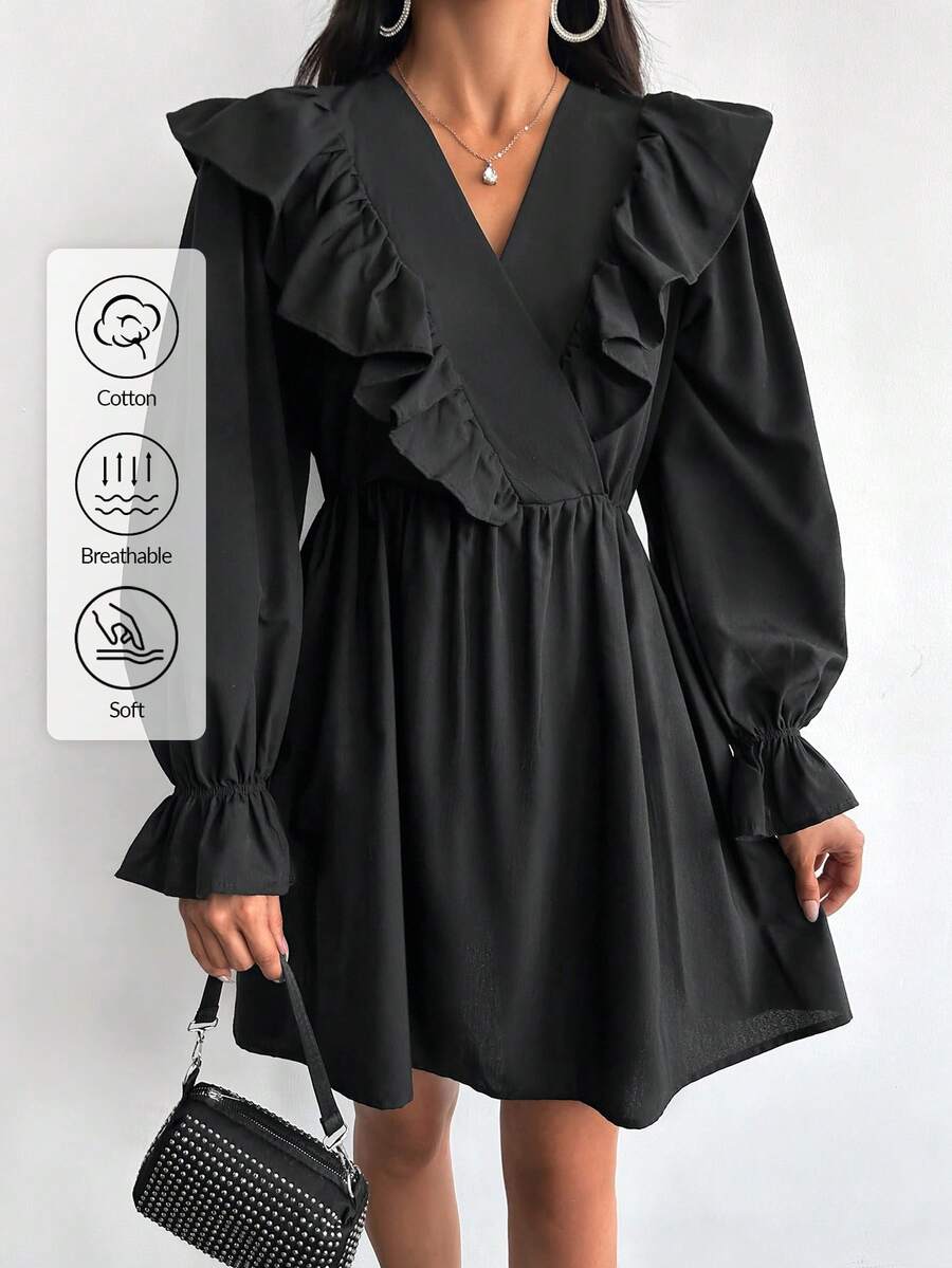 EURMUSE Ruffle Trim Flare Sleeve Dress - Black - View 1