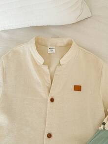 SHEIN 男童V领短袖梭织衬衫配绿色长裤套装（2件套），舒适休闲日常穿搭，春夏款 - 綠色 - 查看 5