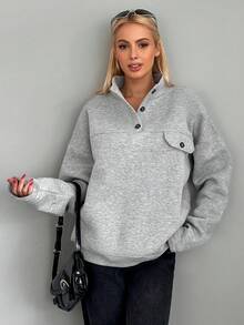 EURMUSE Cotton Half Button Flap Detail Drop Shoulder Sweatshirt - Grey - View 4