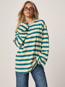 MISSGUIDED Áo thun dài tay cổ tròn kẻ sọc ngang dáng rộng dành cho nữ, chất liệu cotton pha, thoải mái, thích hợp mặc mùa thu đông. - Nhiều màu - Xem 1