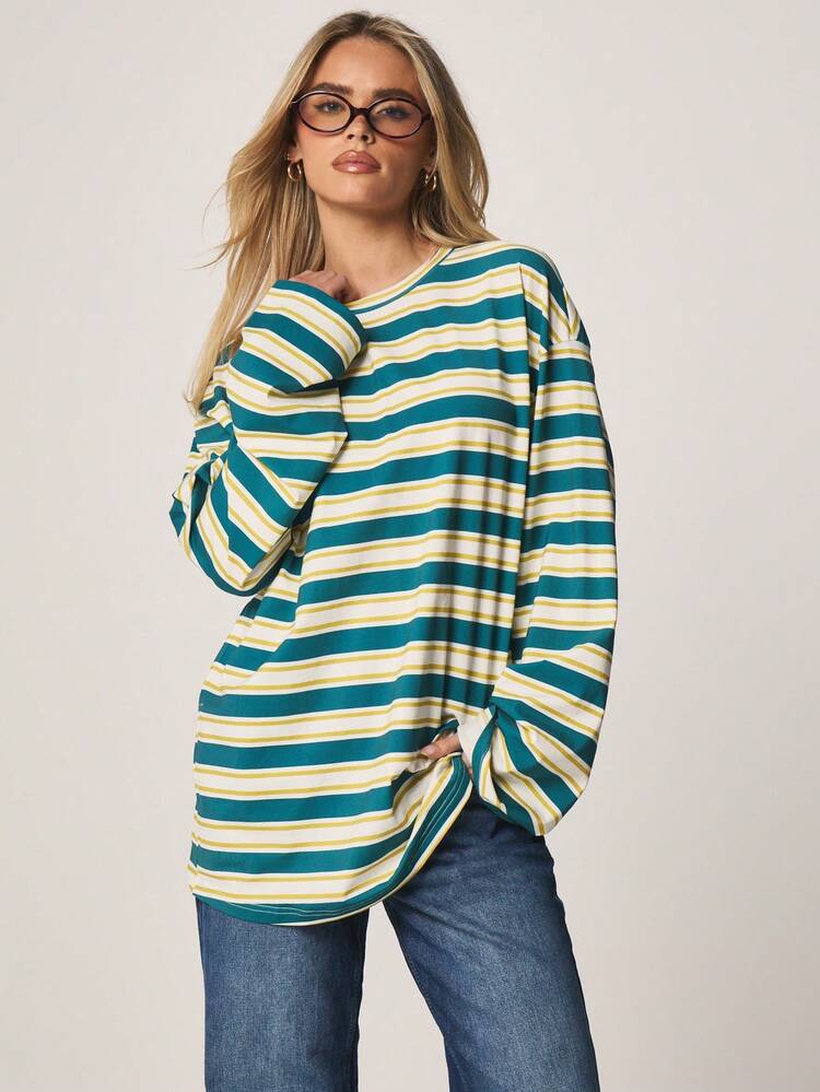 MISSGUIDED Oversized Horizontal Striped Long Sleeve Crew Neck T-Shirt For Women Casual Comfort Fall Winter Cotton Blend Relaxed Fit Top