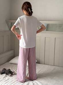 Dazy Kids Teen Girl Solid Color Short Sleeve Top & Bow Print Pants Pajama Set Spring Summer - Pink - View 5