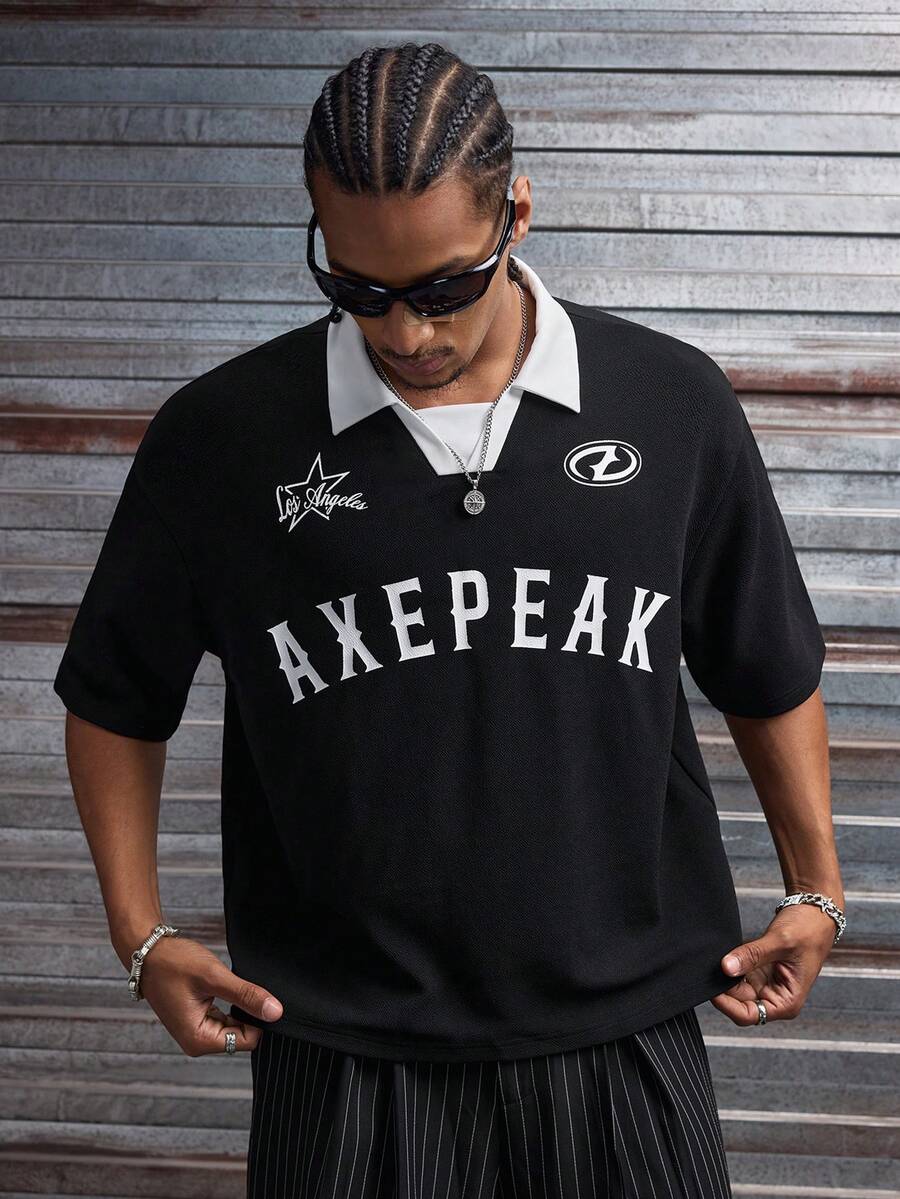 AXEPEAK Streetwear Casual Oversized Short Sleeve Polo Shirt With Contrast Color Graphic Print For Men - Black - View 1