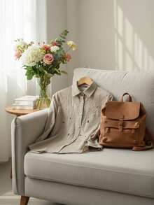 Modelyn Women's Solid Color Floral Pattern Pearl Button Long Sleeve Shirt