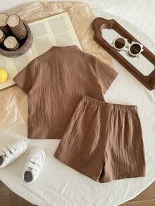 LMoss Kids Baby Boy Summer Colorblock Polo Collar Cardigan Top & Shorts Set,All Shades Of Brown,Casual,Family Matching Campus Style Outing Wear - Multicolor - View 3
