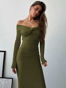 Aloruh 露肩网纱扭结褶皱连衣裙，浪漫约会之夜长袖礼服 - 軍綠色 - 查看 5