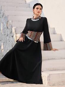 Al Najma Women's Bohemian Vacation Style Patchwork Geometric Print Sequin Decor Flare Sleeve Cinched Waist Arabic Traditional Long Dress Kaftan Jalabiya Dress  Arabic-Style Long Kaftan Robe, Arabic Women's Dress, Turkish Dress, Abaya Robe, Traditional Women's Dress Arabic Style Long Dress Kaftan Jalabiya Dress Arabic Dress For Women Turkish Dress Abaya Dress Abaya For Women - Black - View 7