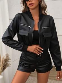 SHEIN PETITE 女士前拉链长袖口袋简约短款仿皮夹克，休闲日常穿着，秋冬季 - 黑色 - 查看 4