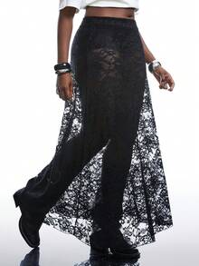 SHEIN EZwear 大码女式性感超长黑色蕾丝裙，夏季 - 黑色 - 查看 6