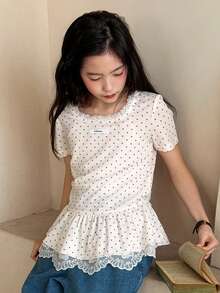 DAZY 少女波点短袖T恤 - 白色 - 查看 1