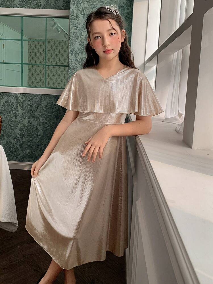 Tween Girls' Solid Color V-Neck Mid-Length Dress Summer