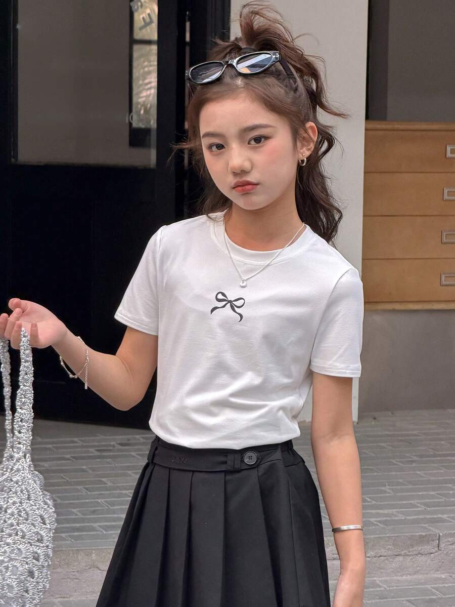 DAZY Girls Casual Knit Round Neck Bow Print Short Sleeve T-Shirt - White - View 1
